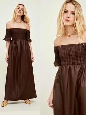 STAUD | Mae Off-The-Shoulder Vegan Leather Maxi Dress in Bark | Size XS